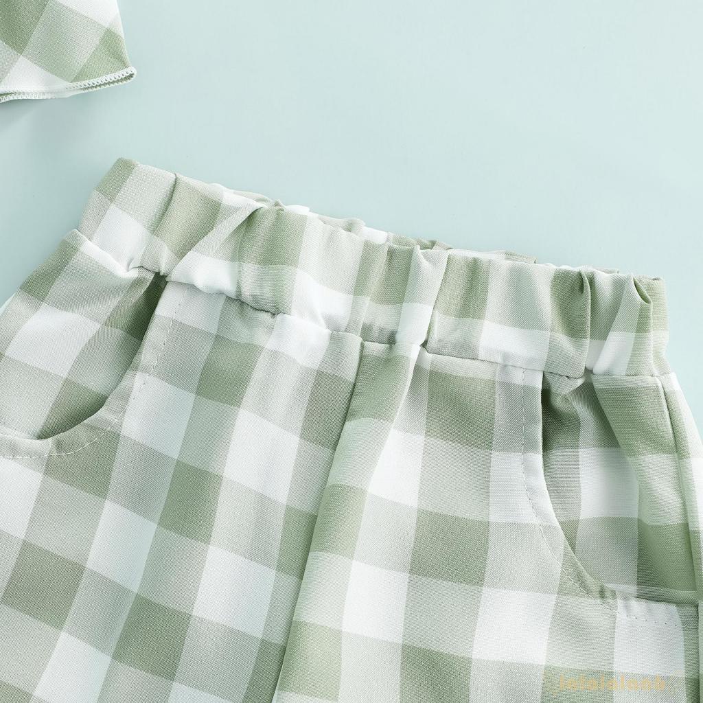 Set Đồ 3 Món Gồm Áo Cổ Thuyền Kẻ Sọc Caro Có Diềm Xếp Nếp + Quần Dài Và Túi Đeo Cho Bé Gái Sơ Sinh