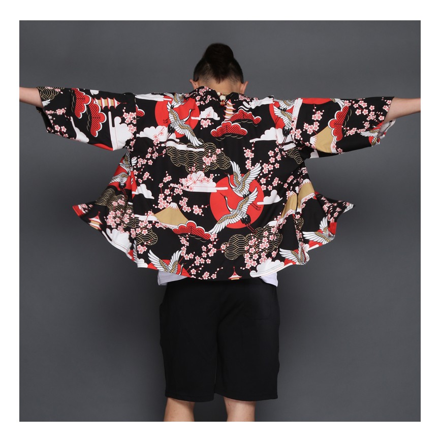 Áo khoác kimono haori happi in hạc và hoa anh đào
