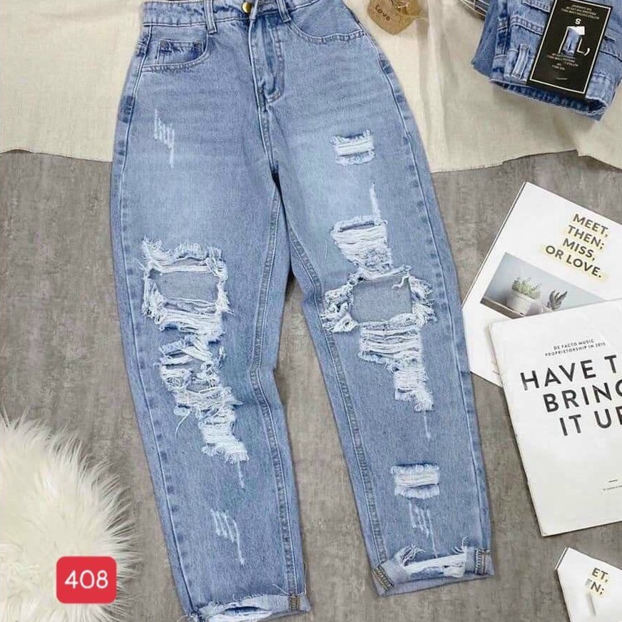 Quần baggy jeans nữ không co giãn muradfashion màu xanh rách cá tính BG448