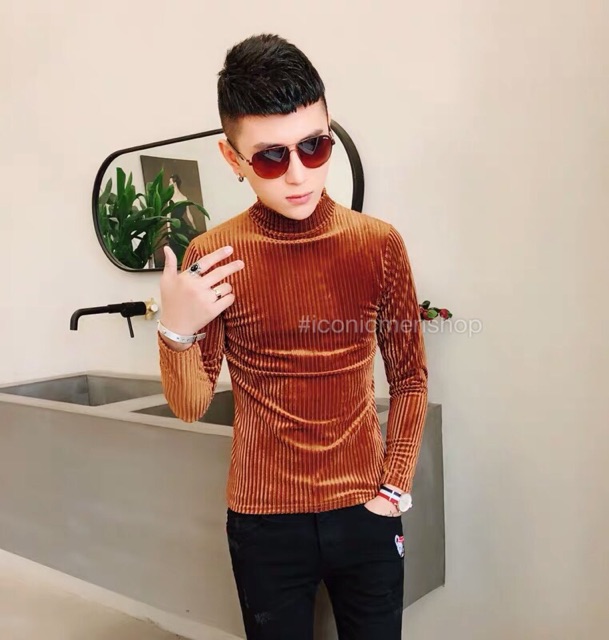 Áo thun nhung nam cổ lọ, sọc gân màu nâu vàng