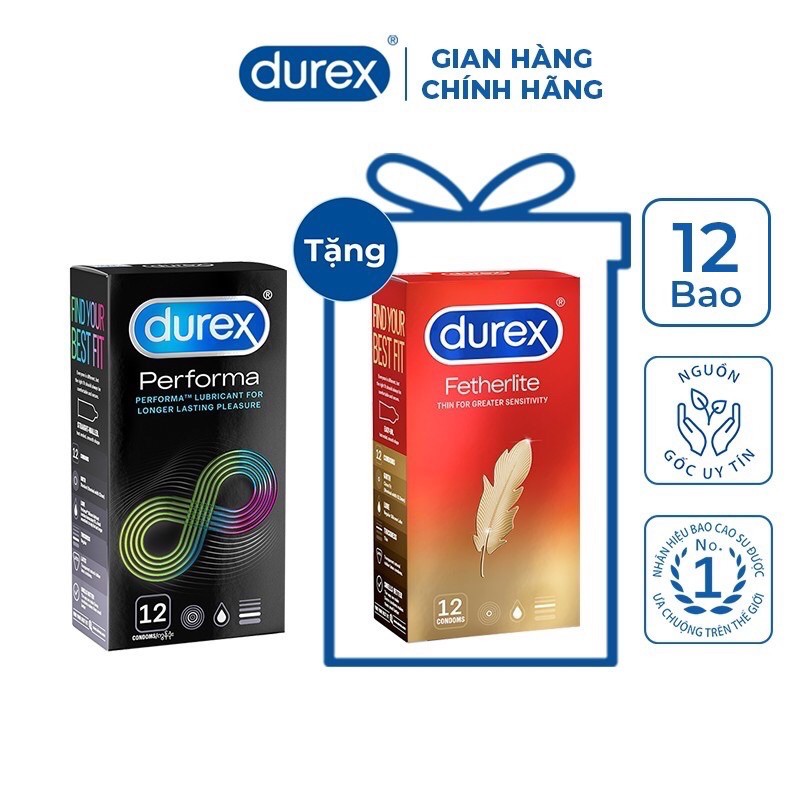 Bộ 1 hộp bao cao su Durex Performa 12 bao/hộp + tặng 1 hộp Durex Fetherlite 12 bao/hộp