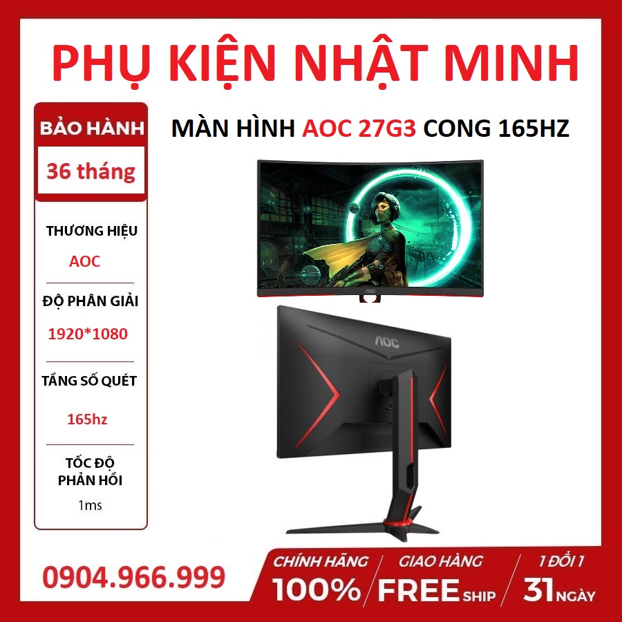 Màn hình AOC C27G3/74 (27 inch/VA/165Hz/1ms/300nits/HDMI+DP+Audio/Cong)