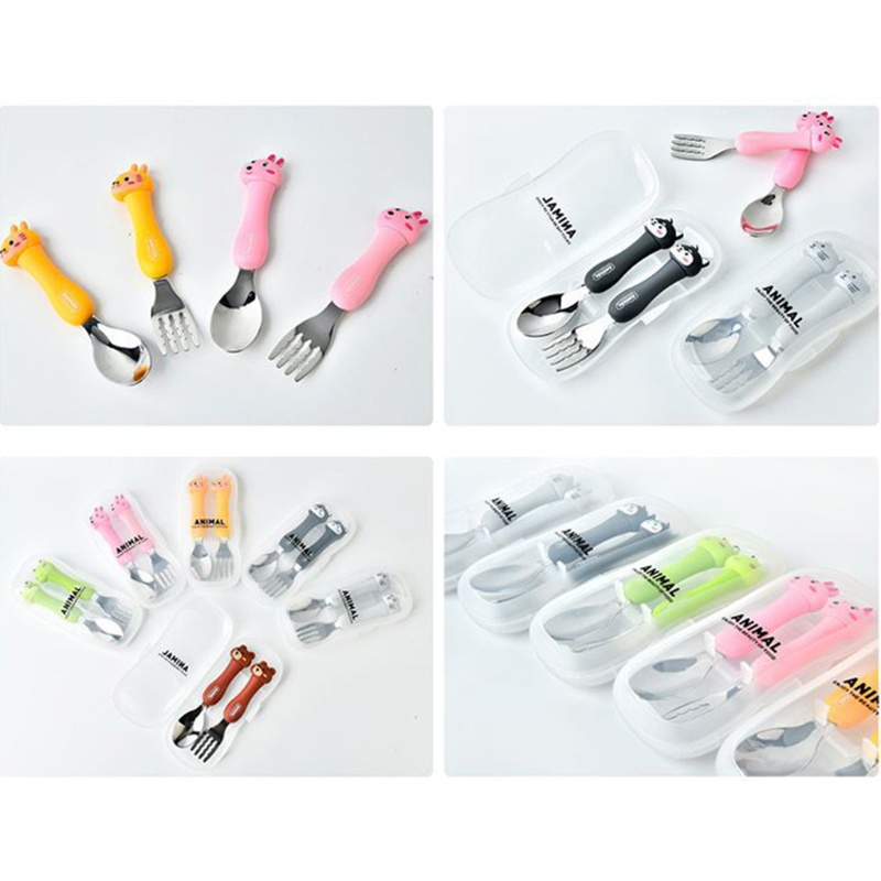 Set 2 Muỗng Nĩa Tập Ăn Bằng Thép Không Gỉ Họa Tiết Hoạt Hình Dễ Thương Cho Bé