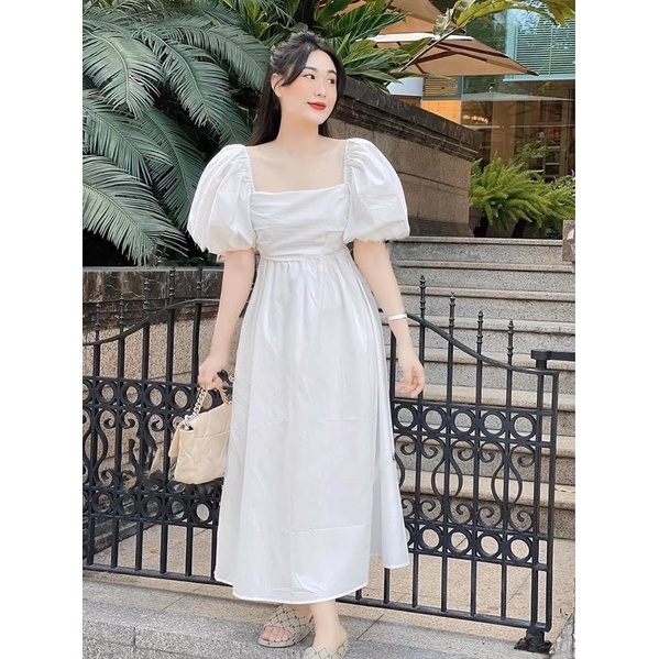 Váy đầm maxi đi du lịch tay bồng vải thô màu trắng