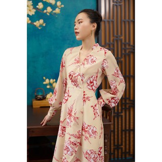 Đầm Hoa Nâu Đỏ Cổ V EDINI - D1341