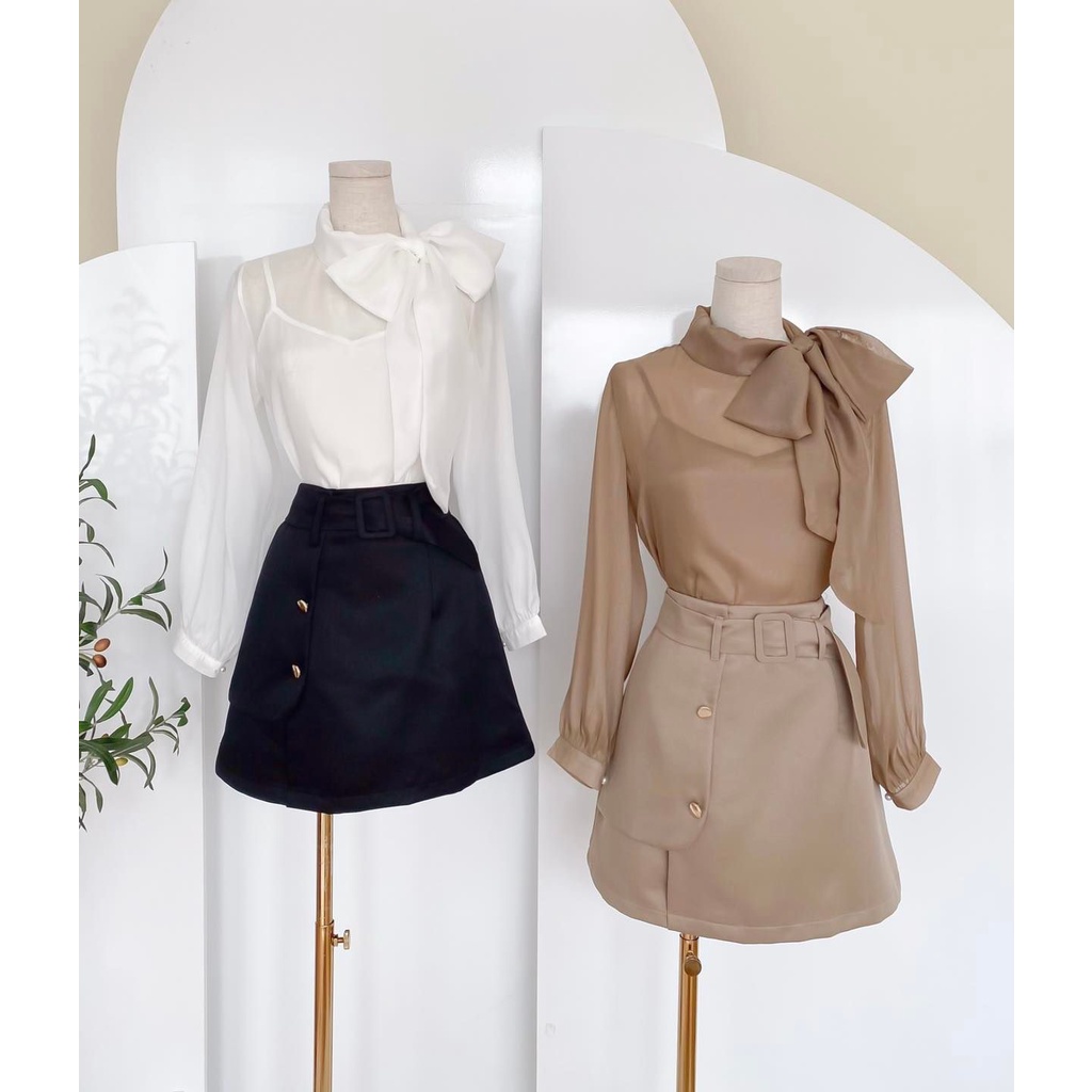 [HÀNG THIẾT KẾ CAO CẤP] Set Áo Voan Cột Nơ + Chân Váy Ngắn Kèm Belt Công Sở / Đi Tiệc Màu Trắng Thanh Lịch
