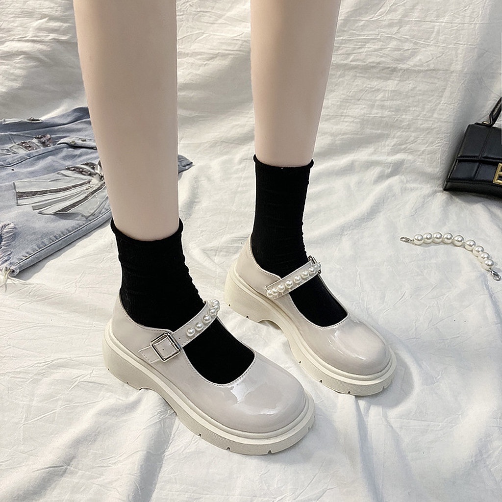 Giày Lolita Nữ Ulzzang Vintage, Giày Mary Jane Da Bóng Mũi Tròn Quai Ngọc Trai Đế Độn 3cm, Hàn Quốc - Iclassy_shoes