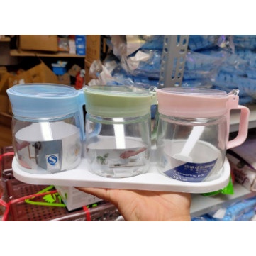 BỘ 3 HỦ THỦY TINH ĐỰNG GIA VỊ - Bộ 3 Lọ Đựng Gia Vị thủy tinh 350ml siêu đẹp, kèm thìa và giá để