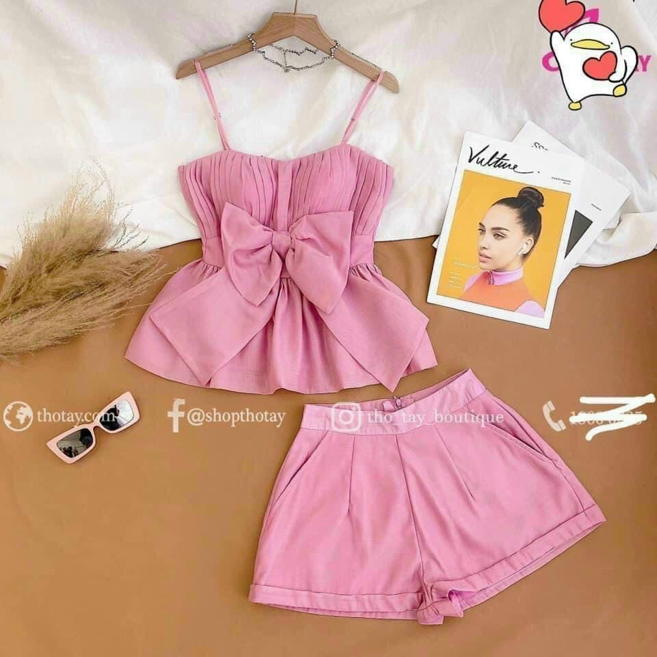 Sét bộ đồ nữ áo hai dây kết nơ có mút kèm quần đùi