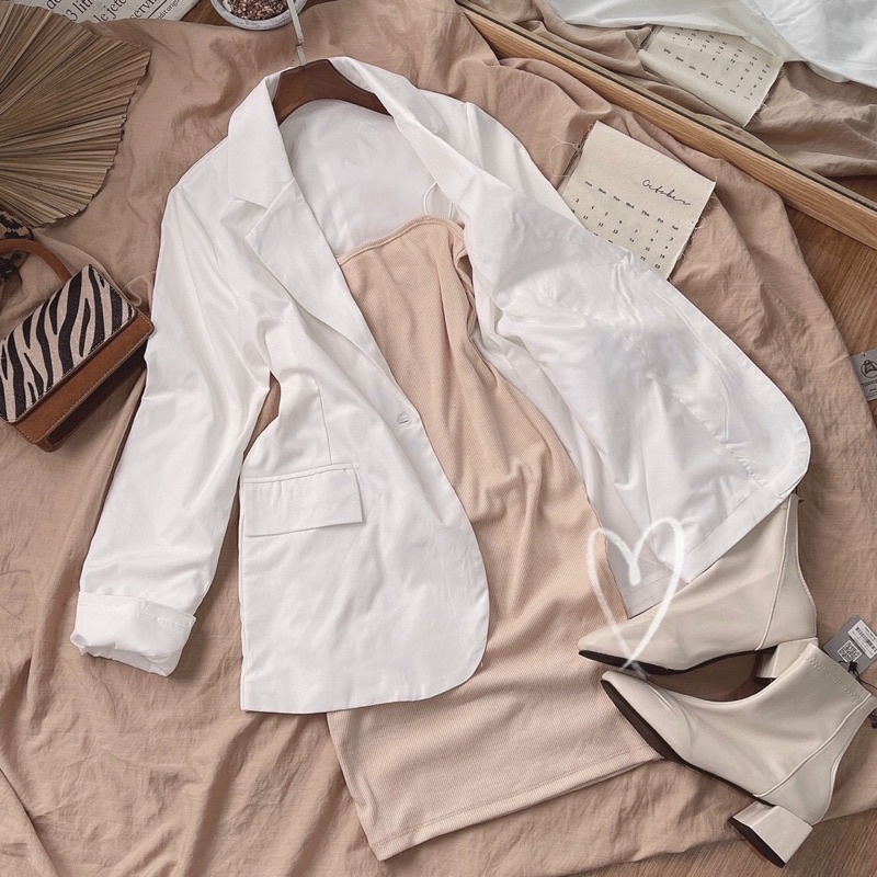 SET ÁO KHOÁC BLAZER TRẮNG + ĐẦM HAI DÂY MÀU BE XINH XẮN [kèm ảnh thật] | BigBuy360 - bigbuy360.vn