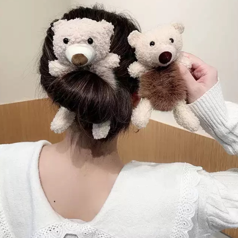 Dây Cột Tóc Bằng Vải Lông Phối Da Hình Gấu Đáng Yêu Độc Đáo Cho Bé Gái