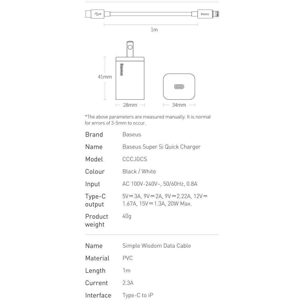 Bộ Sạc Nhanh, Củ Sạc Nhanh Iphone PD 20W Thương Hiệu Baseus Kèm Dây Sạc