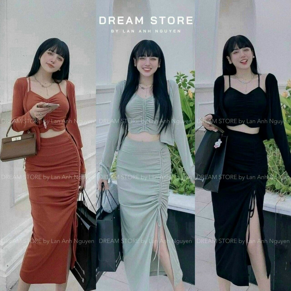 Set Bộ 3 Món Áo Hai Dây Chân Váy Rút Dây Và Áo Khoác Rose Fashion