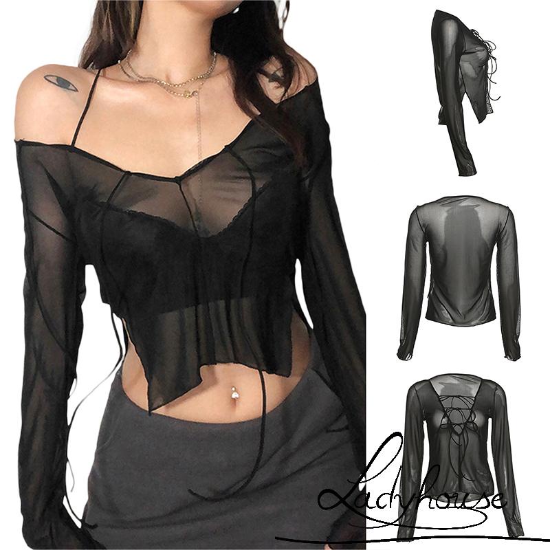 Áo Thun Tay Dài Phối Lưới Màu Sắc Trơn Có Dây Đeo Có Thể Điều Chỉnh Quyến Rũ Cho Nữ