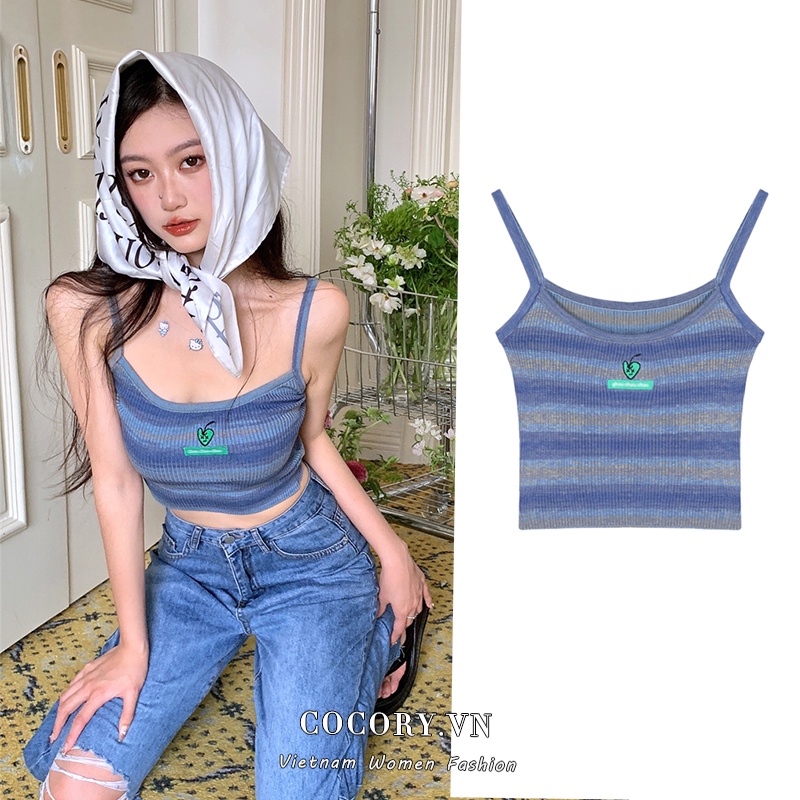 Cocory vn Áo Croptop Dệt Kim Kẻ Sọc Trễ Vai Quyến Rũ Thời Trang Mùa Hè Cho Nữ