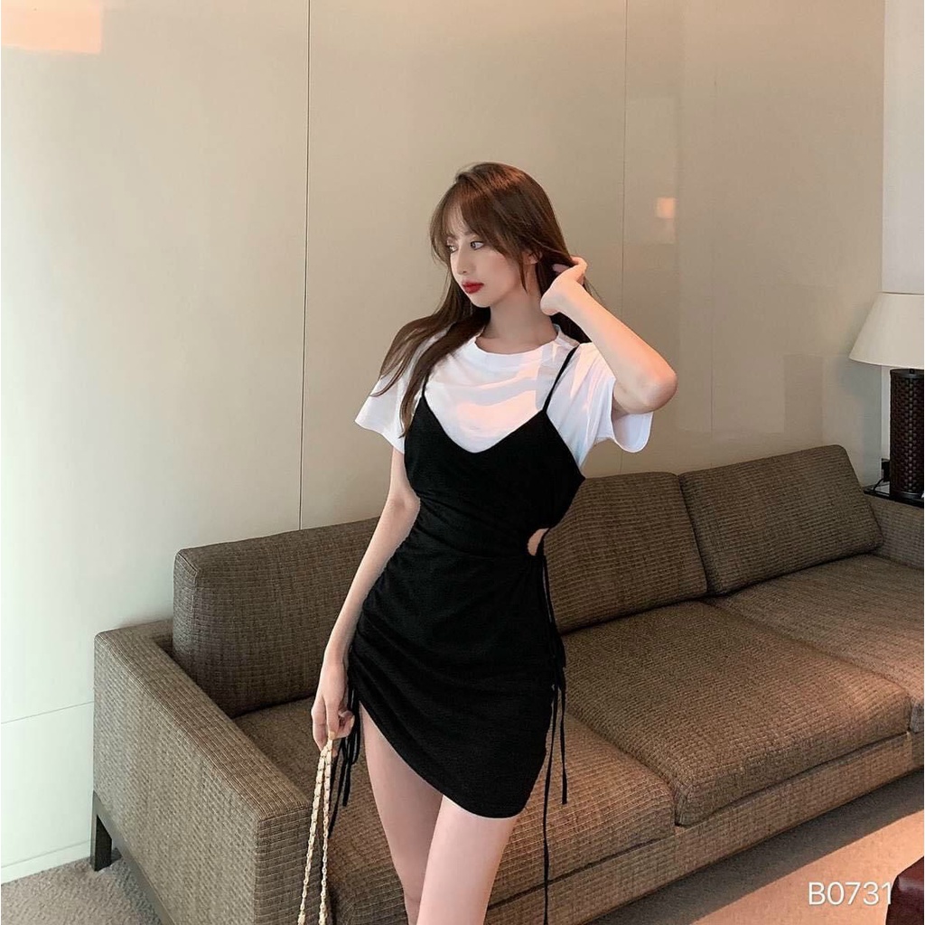 Đồ bộ nữ có đầm body 2 dây rút dây 2 bên kèm áo croptop trong cực đẹp cho cô nàng năng động ba