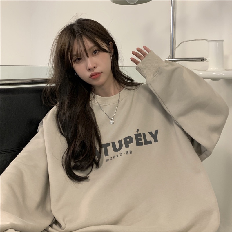 Áo sweater tay dài cổ tròn dáng rộng in họa tiết chữ phong cách retro cá tính