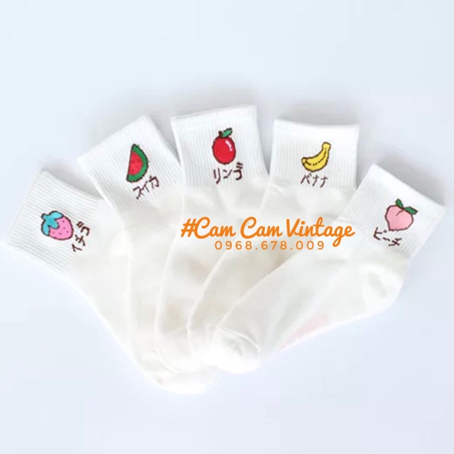 Tất vớ trắng thêu Hoa quả Style Hàn Quốc tất chuối, tất dưa hấu . Dâu tây