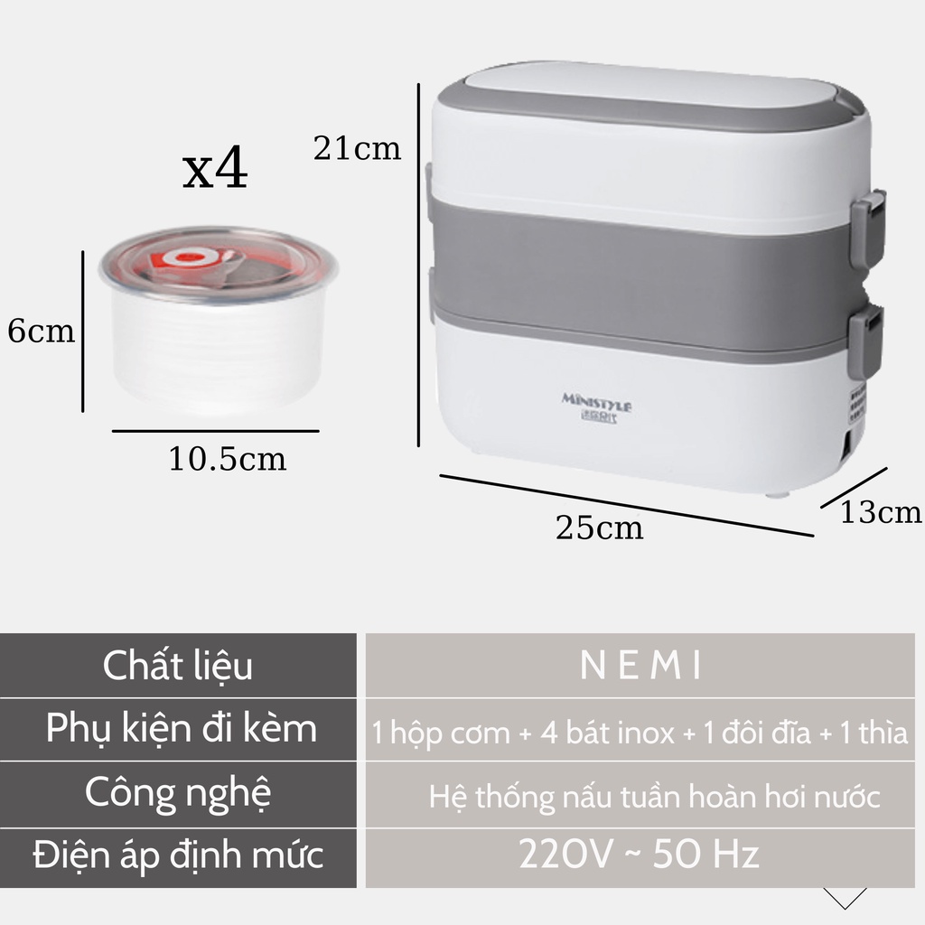 Hộp Cơm Cắm Điện NEMI 2 Tầng Với 2 Bát 4 Bát Inox Phong Cách Nhật