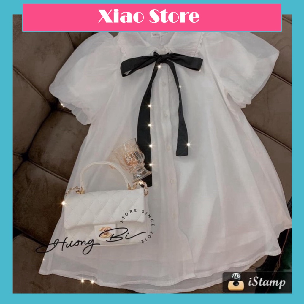 Áo babydoll voan cổ bèo viền ren thắt nơ dáng xòe - Áo váy babydoll voan giấu quần tay bồng babydoll chất đẹp mầu trắng,