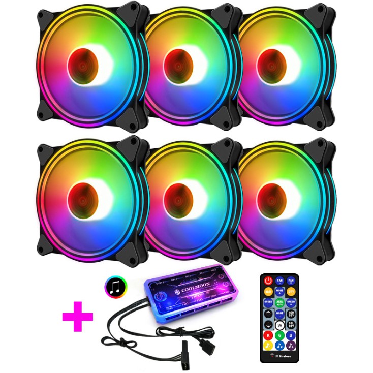 Bộ 6 Quạt Tản Nhiệt, Fan Case Coolmoon M1 Led RGB 16 Triệu Màu, 366 Hiệu Ứng  - Kèm Bộ Hub Sync Main, Đổi Màu Theo Nhạc