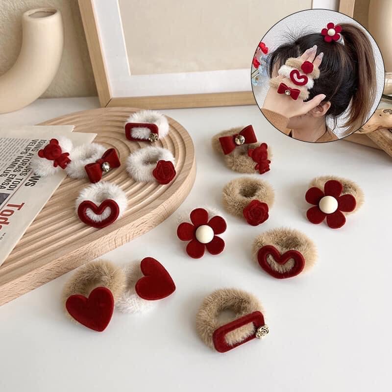 [Set 7 chiếc] dây buộc cột tóc co giãn phối lông nhung dễ thương