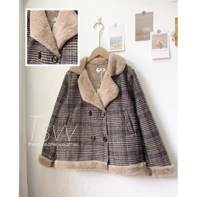 Áo khoác dạ kẻ caro lót lông ấm áp  cổ vest thu đông cao cấp phong cách hàn quốc | BigBuy360 - bigbuy360.vn