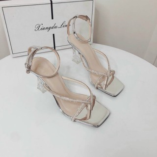 sandal gót vuông dây chéo ngọc