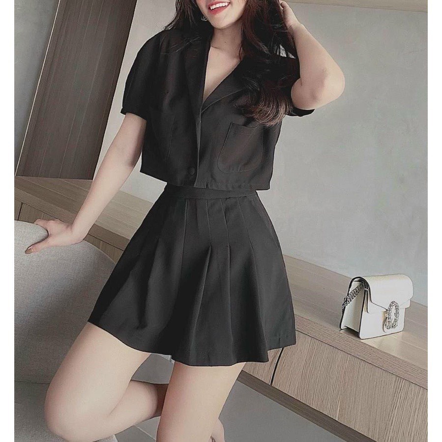 Set bộ vest nữ vải for, set áo vest croptop tay búp quần  đùi, set sơ mi 2 túi tay ngắn thời trang công sở trẻ trung