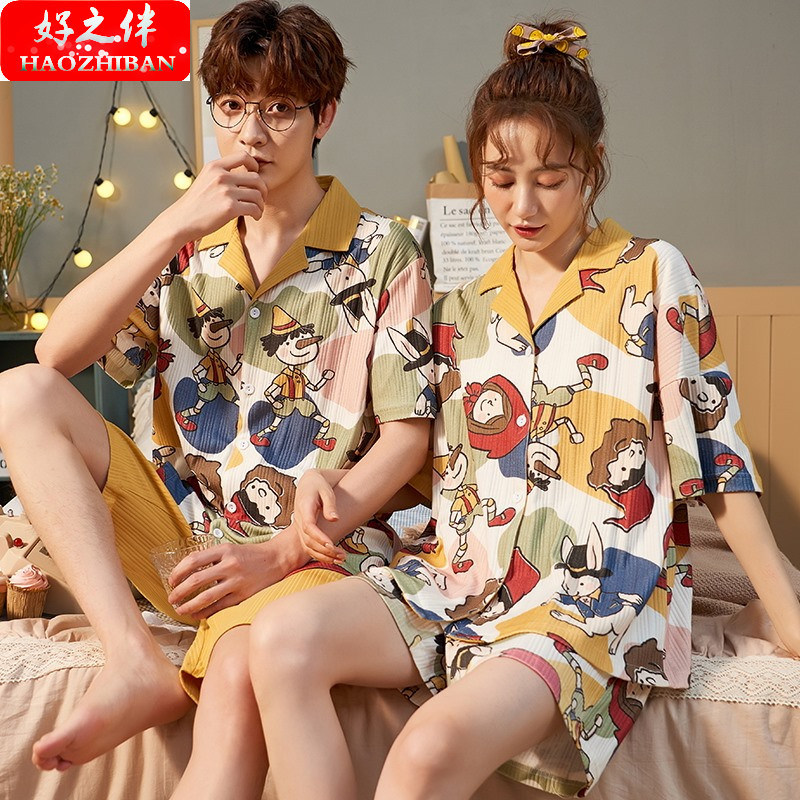Bộ đồ ngủ tay ngắn chất cotton mỏng nhẹ in họa tiết hoạt hình dễ thương thời trang mùa hè cho nam và nữ