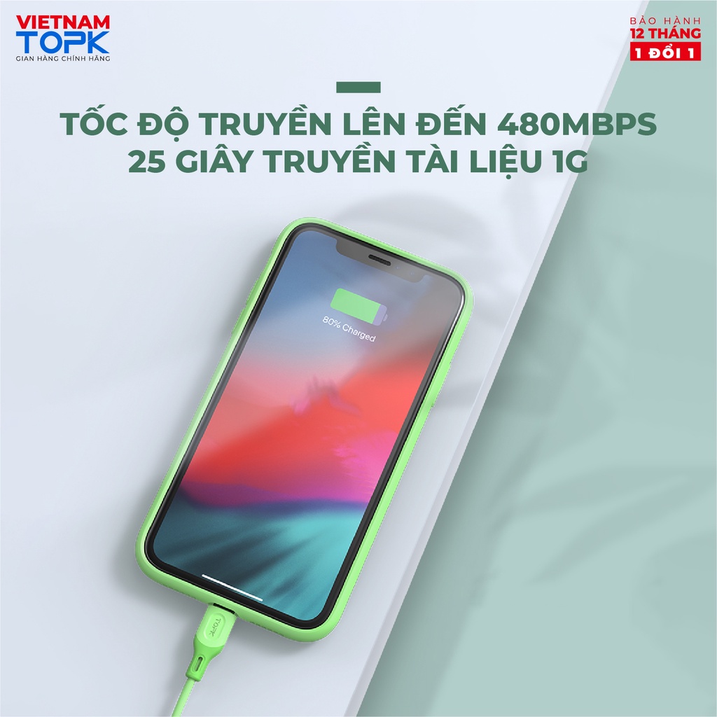 Dây cáp sạc dùng cho điện thoại TOPK AN84 Vỏ chống đứt gãy dài 1m - Hàng chính hãng Bảo hành 12 tháng