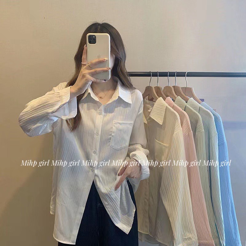 Áo sơ mi oversize vải xốp gân màu pastel thời trang