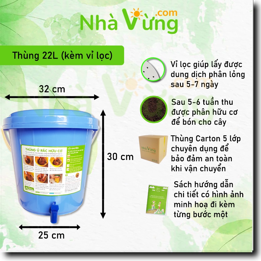 Thùng ủ rác hữu cơ thành phân hữu cơ EM Bokashi - Nhà Vừng (combo 2 thùng 22L + 1 túi EM Bokashi)