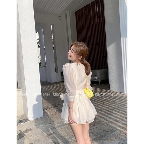 SET ÁO TƠ TRẮNG CỔ V BUỘC EO XOÈ có lót trong_Chất tơ xước qc mềm, nhẹ_fom dưới 57kg