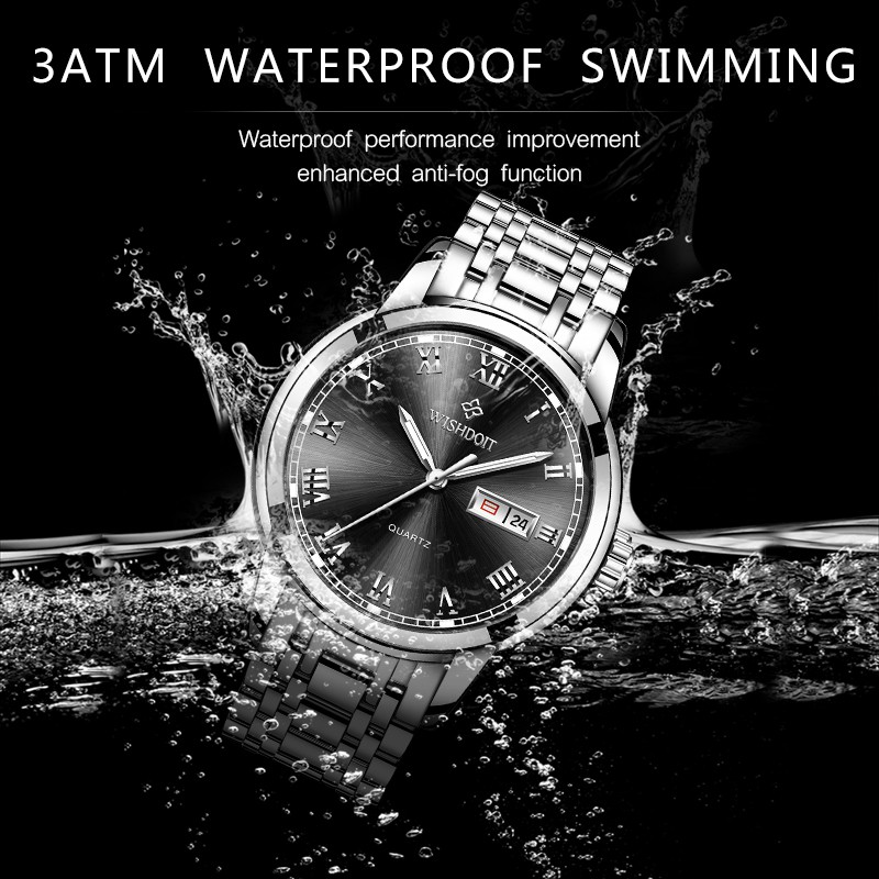 【Official product】WISHDOIT Men's simple casual temperament watch Stainless steel strap quartz watches Fashion business watch Waterproof swimming Luminous Week calendar function Couple watches.