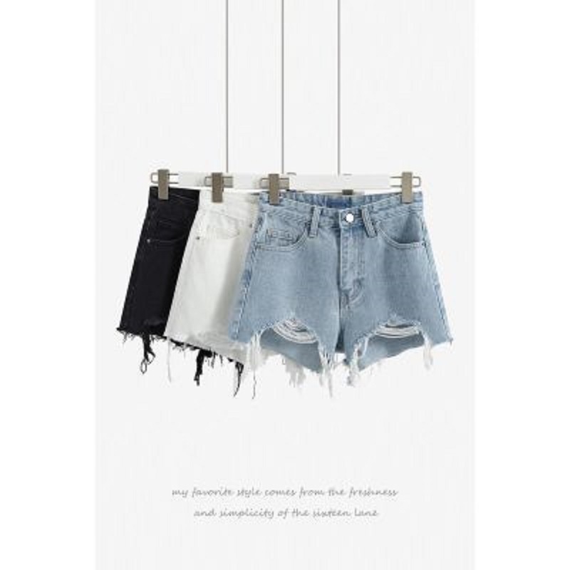 Quần Short Denim Lưng Cao Ống Rộng Thiết Kế Xẻ Rách Cá Tính