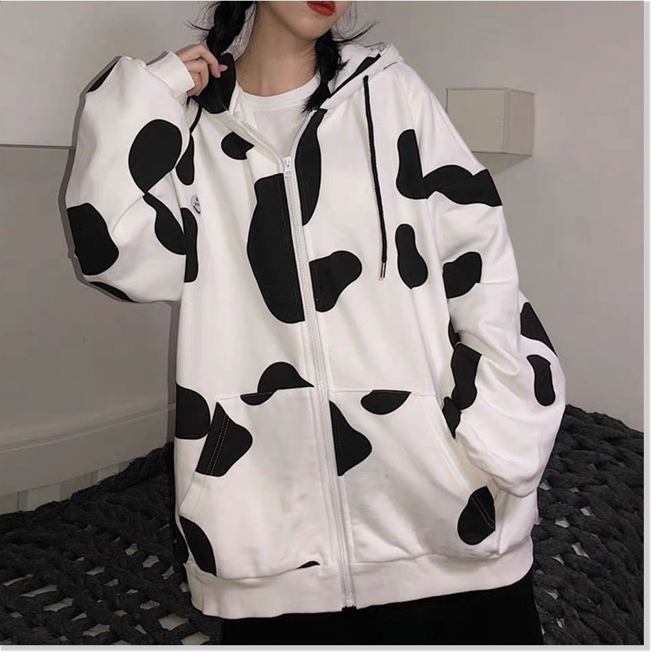 ÁO KHOÁC HOODIE BÒ SỮA SIÊU CUTE CO DÂY KÉO CÓ NÓN FO,M RỘNG