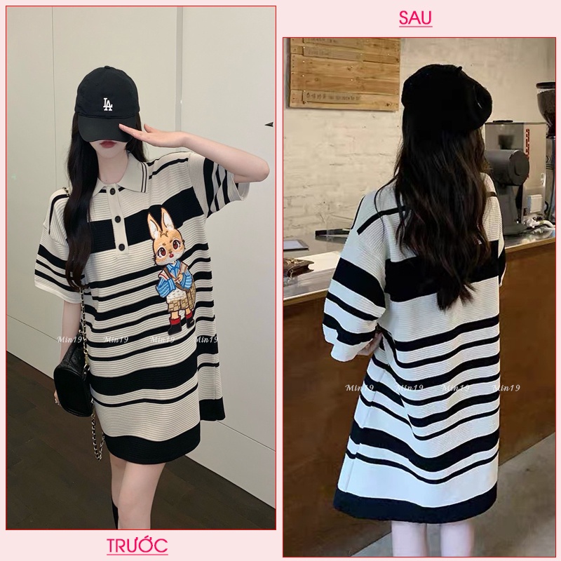 Váy Len Suông MIN19 Đầm Len Mongtoghi Dệt Kim Tay Ngắn Dáng Dài Kẻ Kiểu Cổ Bẻ Form Rộng Bigsize Thời Trang Hàn Quốc