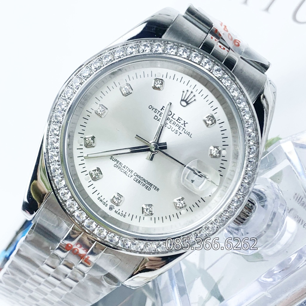 Đồng hồ nam Rolex cơ Automatic máy Nhật mẫu Classic trắng viền đá dây thép trắng size 40-41mm
