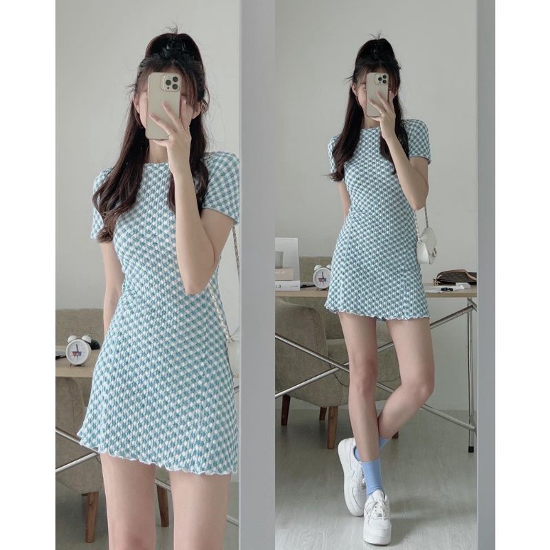 Váy body kẻ caro cổ tròn chất len thun co dãn ôm dáng dưới 1m65 -5178