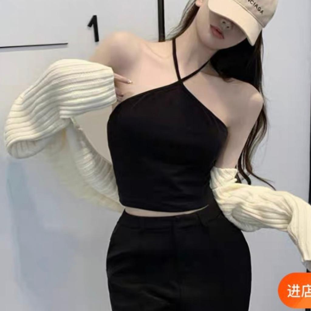 Áo 2 Dây, Áo Yếm Croptop Bo Tăm Chéo Cổ Trắng Đen co giãn không lộ ngực