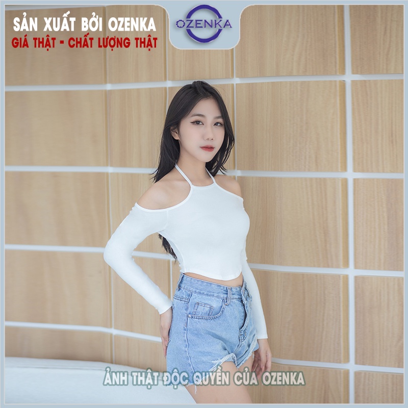 Áo croptop tay dài ôm hở vai vạt yếm nữ OZENKA , crt body kiểu buộc dây thun gân 100% cotton mềm mịn mát gợi cảm
