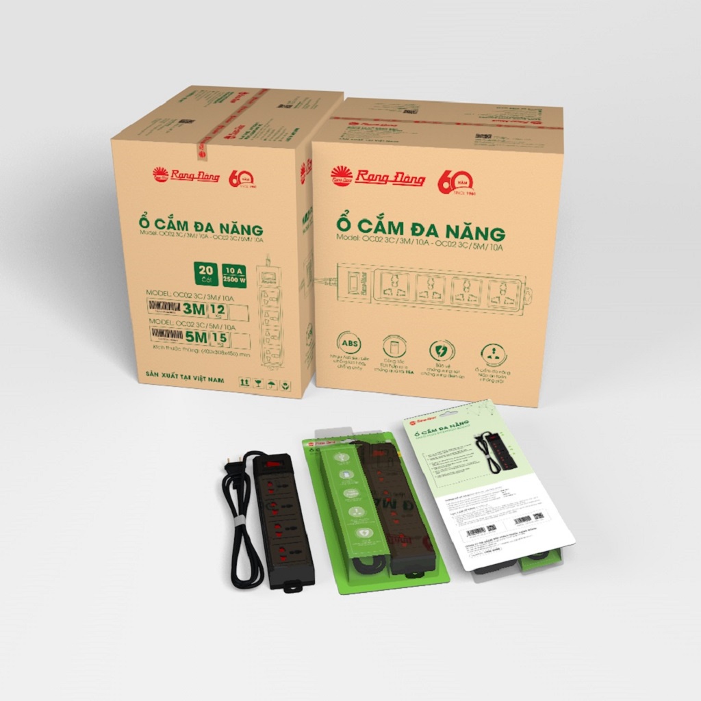 Ổ cắm dây 3 mét 5 mét 3 chấu đa năng chính hãng Rạng Đông