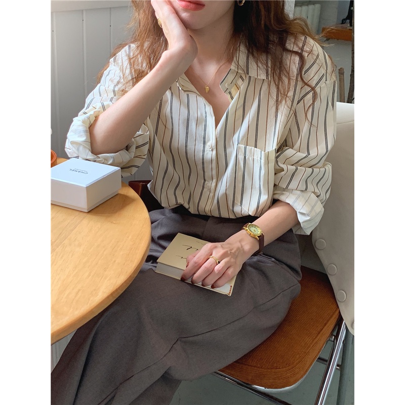 Áo Sơ Mi Tay Dài Dáng Rộng Họa Tiết Kẻ Sọc Phong Cách Hàn Quốc Thời Trang Cho Nữ