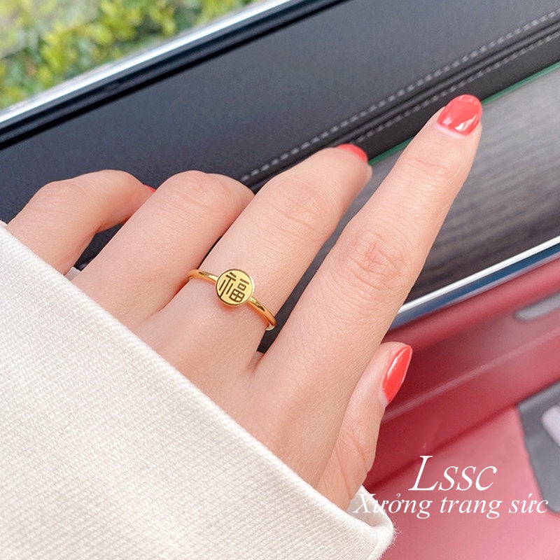 Nhẫn nữ titan không gỉ Vàng 18k Trung Quốc Hán tự May mắn &quot;FU&quot; Phụ kiện trang sức thời trang