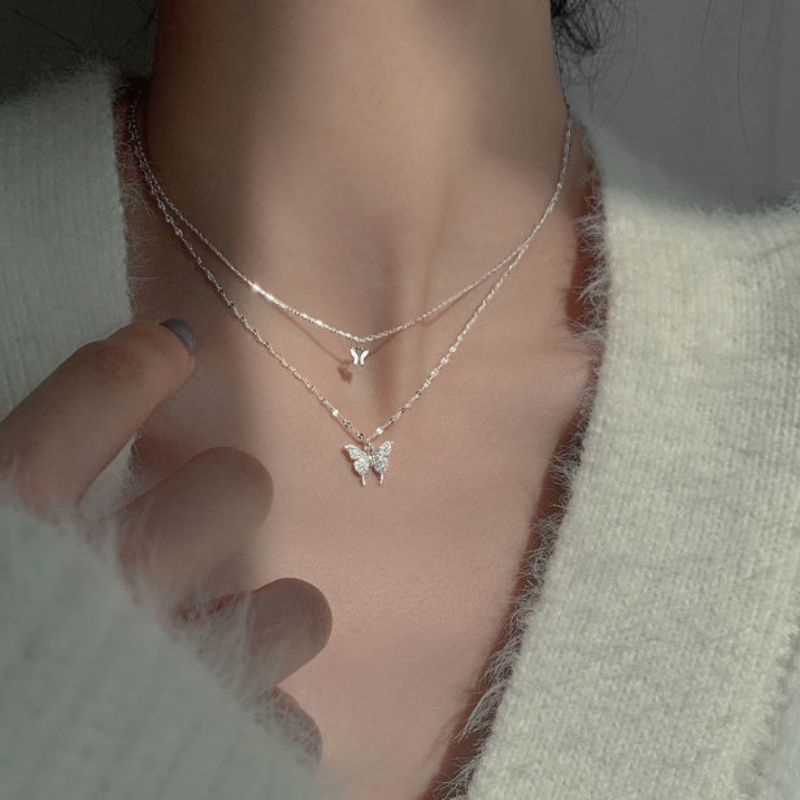 Dây chuyền nữ 2 lớp - Vòng cổ nữ khảm bạc 2 lớp hình cánh bướm Vườn Trang Sức VTSDC0123