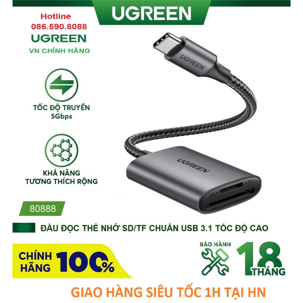 Đầu đọc thẻ SD/TF chuẩn USB 3.1 Type-C Ugreen 80888 - Hàng Chính Hãng