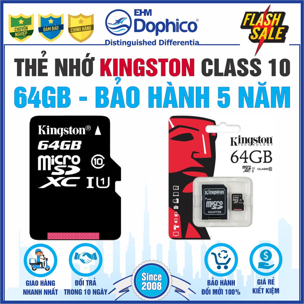 Thẻ nhớ Kingston 64GB – KINGSTON MicroSD Class10 – CHÍNH HÃNG – Bảo hành 5 năm – Kèm Adapter