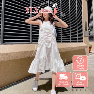 Váy rút dây eo đuôi tầng trắng freesize - Váy khoét nách dáng suông rộng có dây rút eo freesize chất thô siêu mát C308