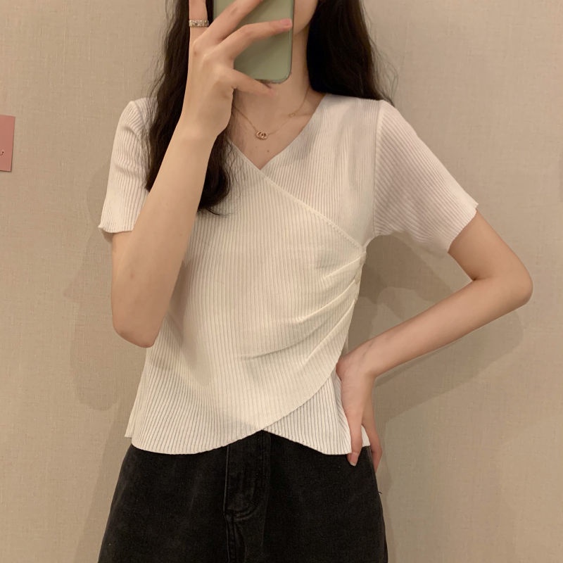 Áo Dệt Kim Ngắn Tay Vạt Chéo Thời Trang Mùa Hè Cho Nữ